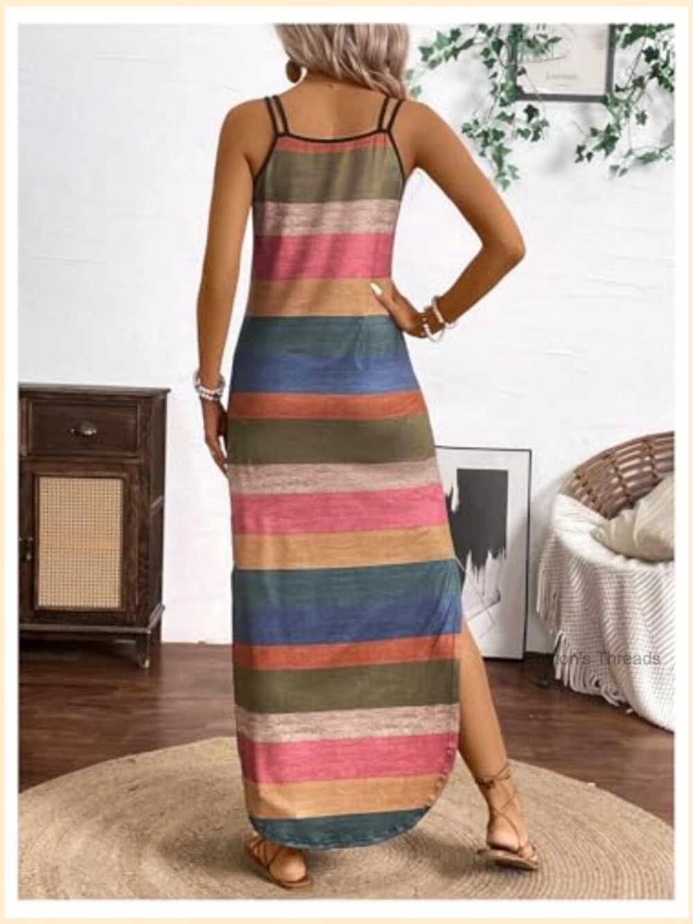 Striped Color Block Maxi Dress Notched V Neck Spaghetti Strap Split Cami Dress - Picture 2 of 5